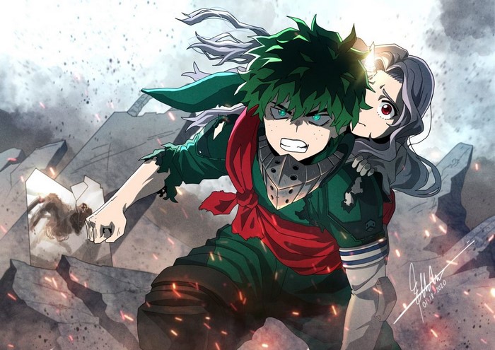 Izuku Midoriya carrying Eri from My Hero Academia
