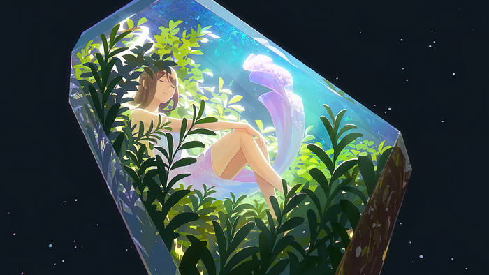 Anime girl in crystal with plants