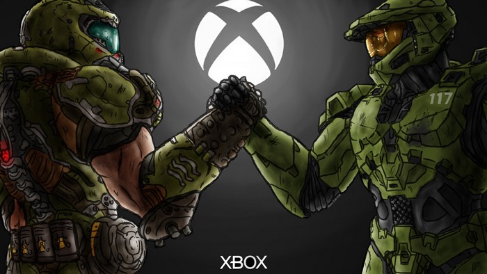 Master Chief and Doom Slayer shaking hands with Xbox logo