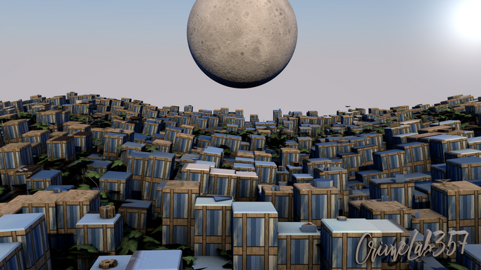Surreal city with a large moon overhead