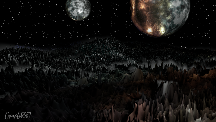 Alien landscape with two moons in starry sky