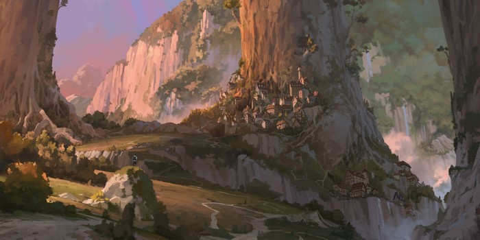 Fantasy village built into a giant tree and cliffs