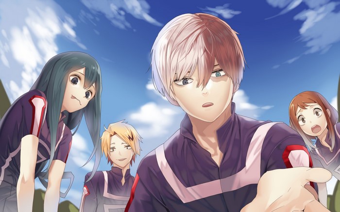 Tsuyu Asui, Shoto Todoroki, Ochako Uraraka, and Denki Kaminari from My Hero Academia