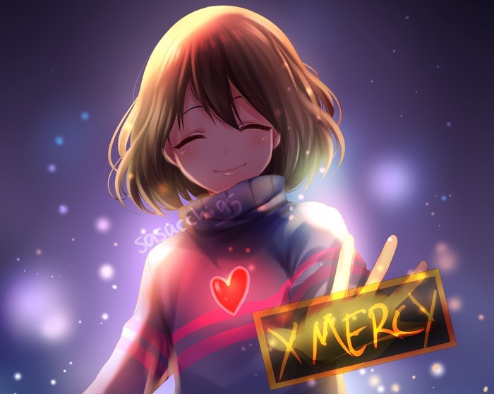 Frisk from Undertale holding a sign