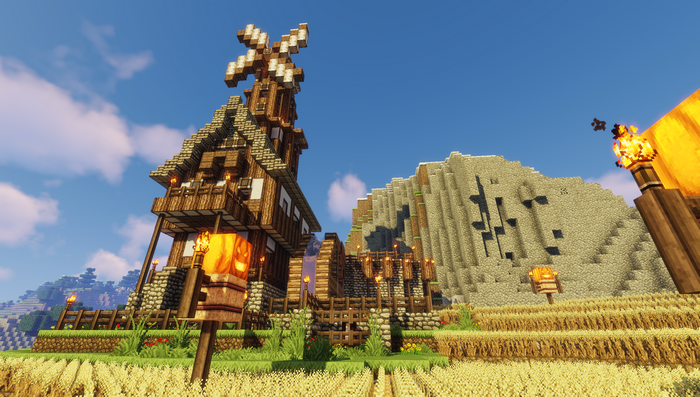 Minecraft Scenic Windmill and Wheat Fields