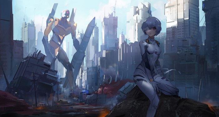 Rei Ayanami and EVA Unit 00 in Neon Genesis Evangelion