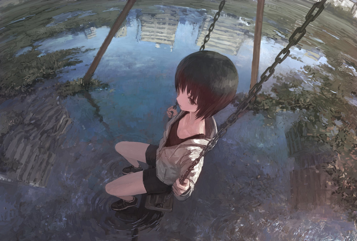 Girl on a swing in a puddle