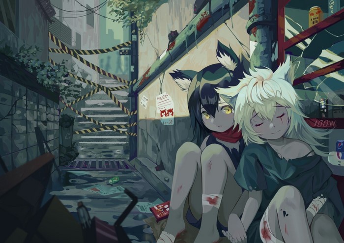 Arknights characters Texas and Lappland in alleyway