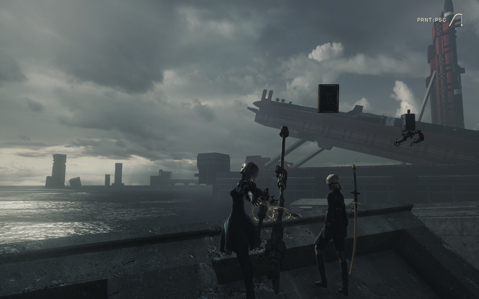 2B and 9S from Nier: Automata on a rooftop overlooking ruins