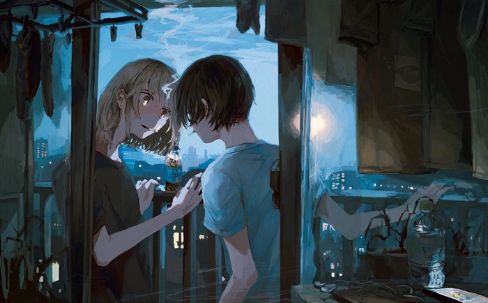 Anime couple smoking on balcony at night