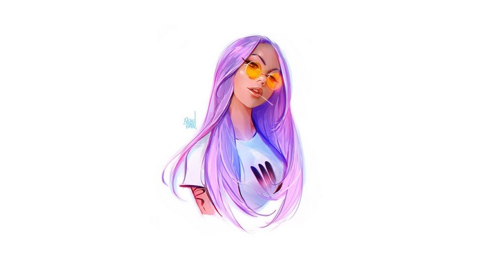 Artwork of a woman with purple hair and sunglasses
