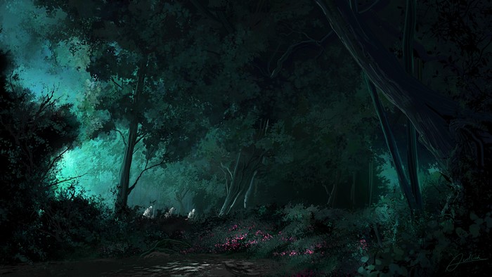 Digital art of a dark forest at night