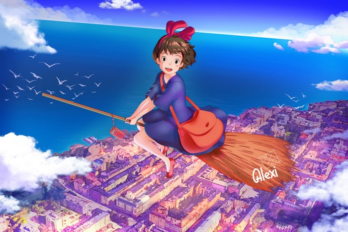 Kiki from Kiki's Delivery Service flying over a city