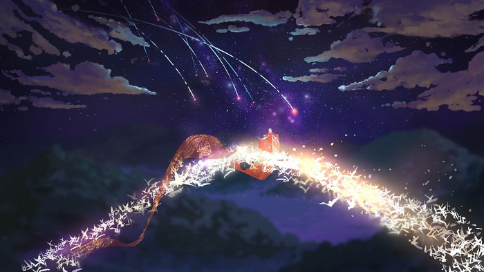 Anime girl on a flying creature with birds at night