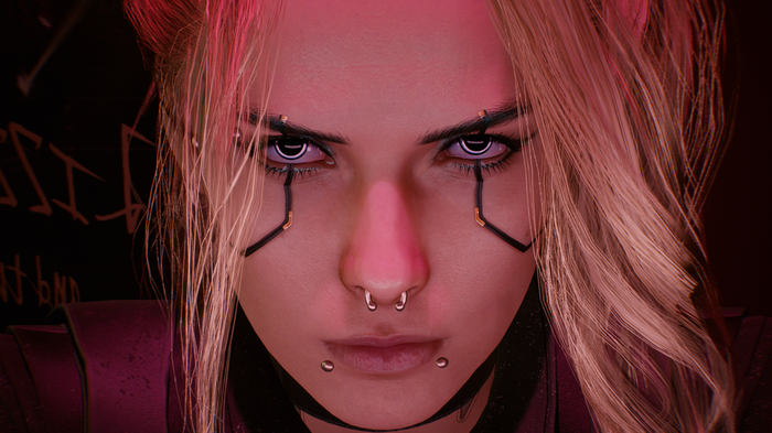 Cyberpunk 2077 character with blonde hair and piercings