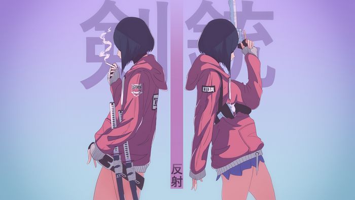 Anime girl with katana and revolver, smoking