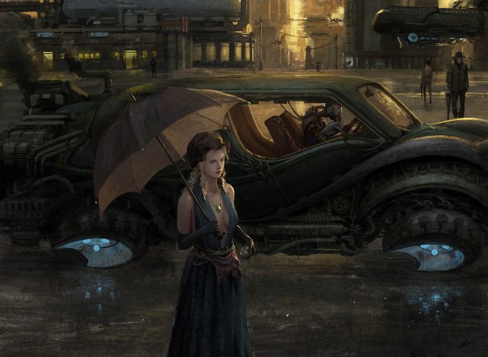 Steampunk woman with umbrella and futuristic vehicle