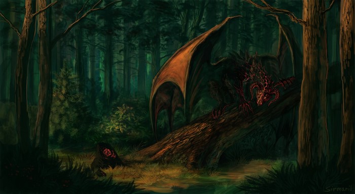 Dragon perched on a fallen tree in a dark forest