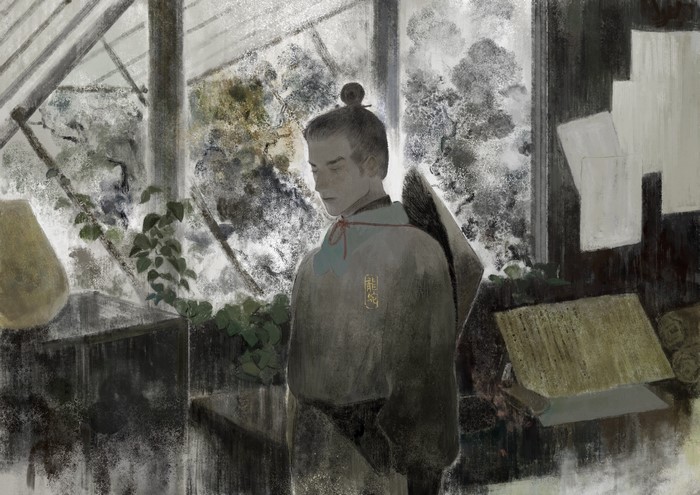 Man in traditional Japanese attire in a greenhouse
