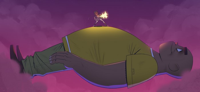 Noodle from Gorillaz standing on a giant