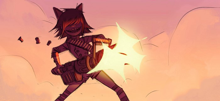 Noodle from Gorillaz firing a minigun