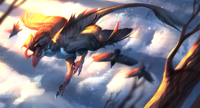 Creature with wings flying with birds in the sky