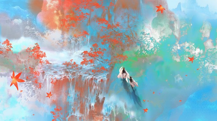 Digital art of a fantasy landscape with waterfalls and figures