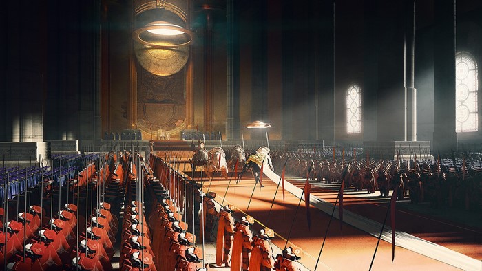 Futuristic soldiers in a grand hall