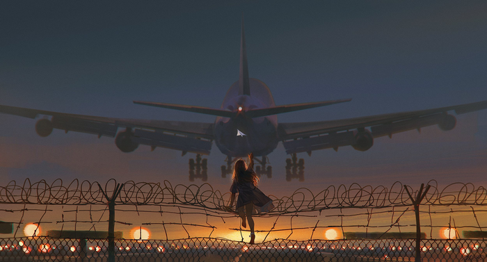 Anime girl reaching for a passenger aircraft at sunset