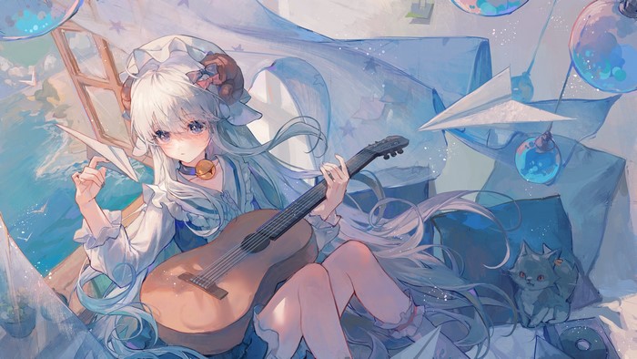 Anime girl with silver hair playing guitar with cat