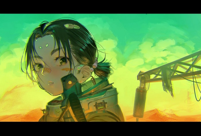Anime girl in a sci-fi desert with a crane