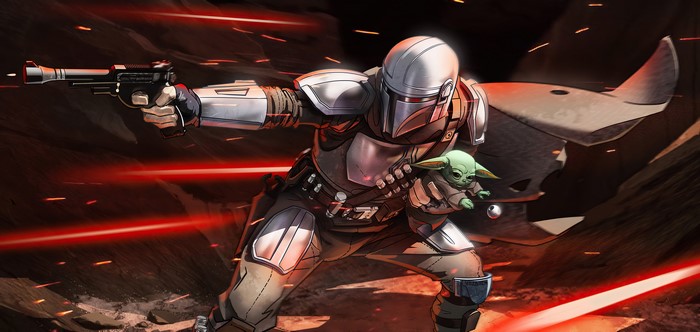The Mandalorian and Grogu in action