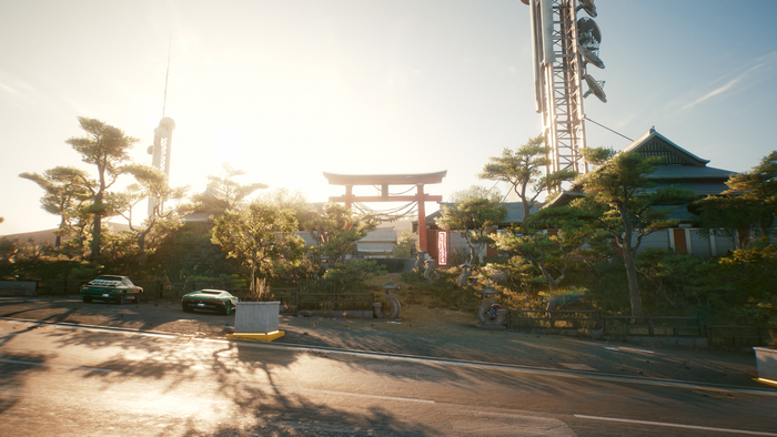 Cyberpunk 2077 screenshot with Japanese architecture