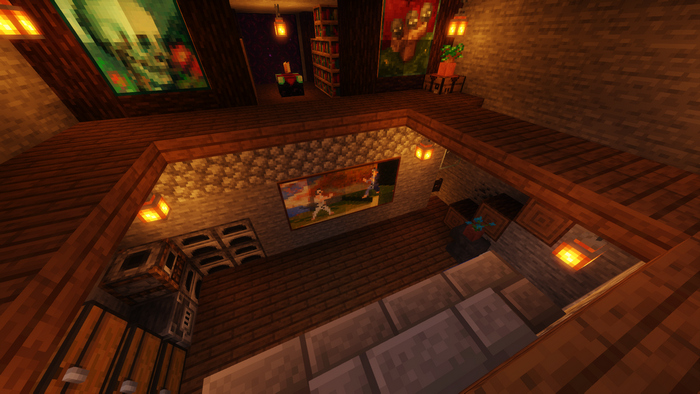 Minecraft interior with paintings and lighting