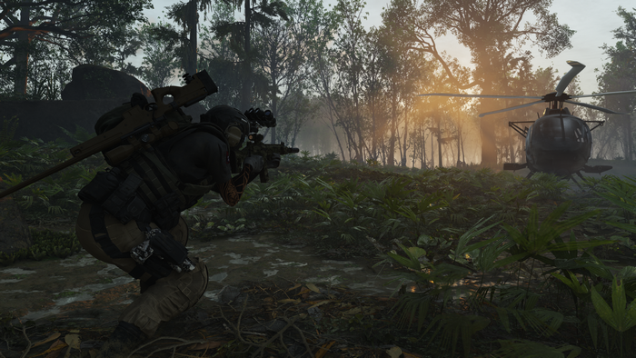 Ghost Recon Breakpoint soldier with sniper rifle and helicopter
