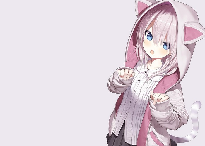 Anime cat girl with pink hooded jacket and blue eyes