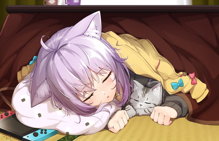 Nekomata Okayu sleeping with a cat and Nintendo Switch