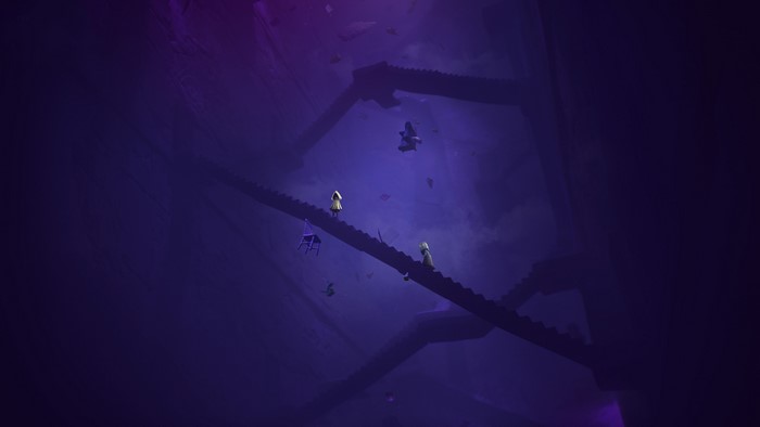 Characters from Little Nightmares 2 in a purple environment