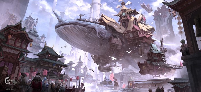 Whale airship over a Chinese fantasy city