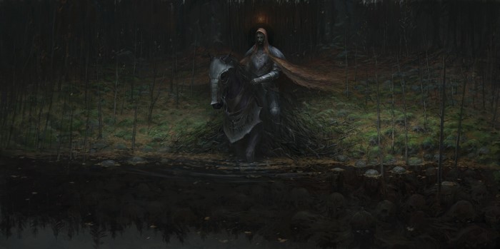 Knight in armor riding a horse through a dark forest