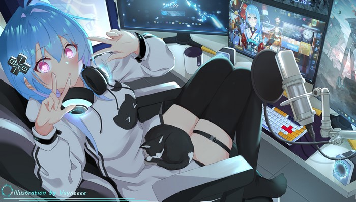 Helena from Azur Lane with cat and headphones