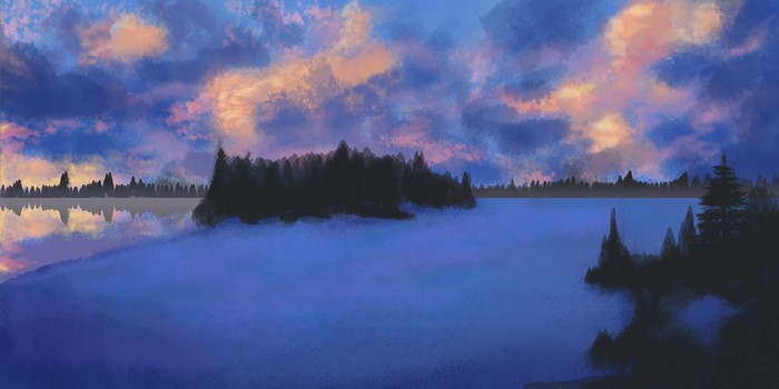 Sunset over a lake with pine trees