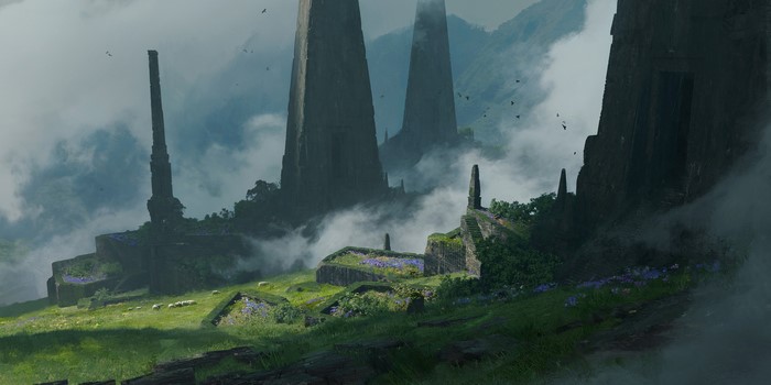 Ancient stone structures on a misty mountainside with sheep