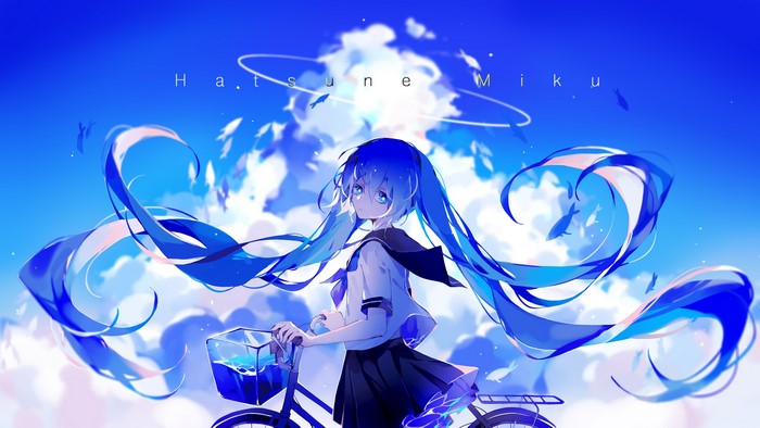 Hatsune Miku from Vocaloid with a bicycle