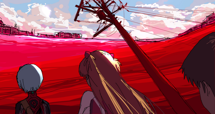 Neon Genesis Evangelion characters in a red landscape