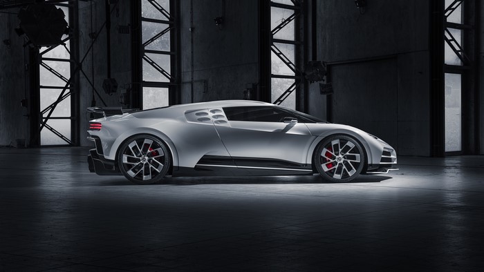 Bugatti Centodieci sports car in a warehouse