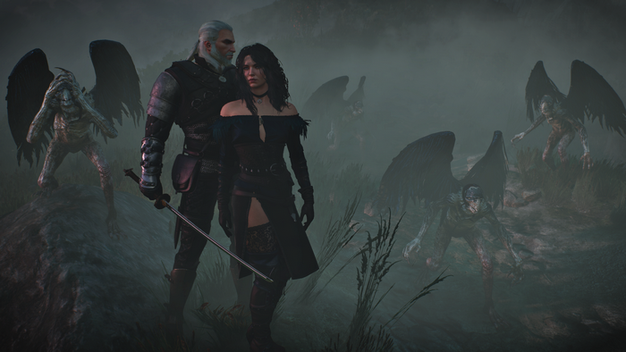 Geralt and Yennefer from The Witcher 3: Wild Hunt surrounded by monsters
