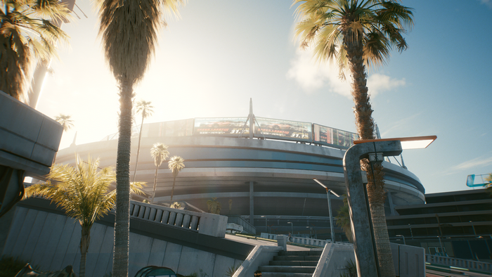 Cyberpunk 2077 stadium with palm trees