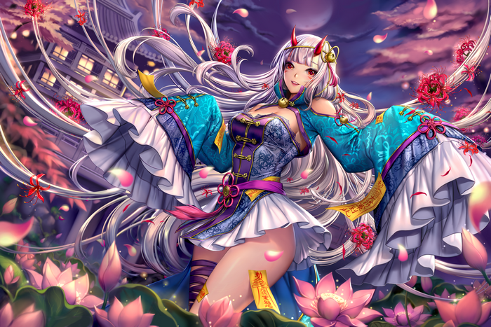 Anime girl with grey hair, horns, and red eyes