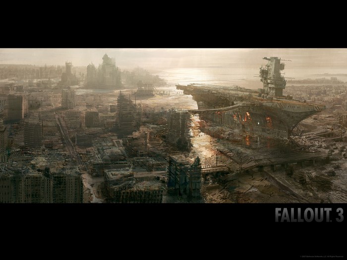 Fallout 3 post-apocalyptic city with aircraft carrier